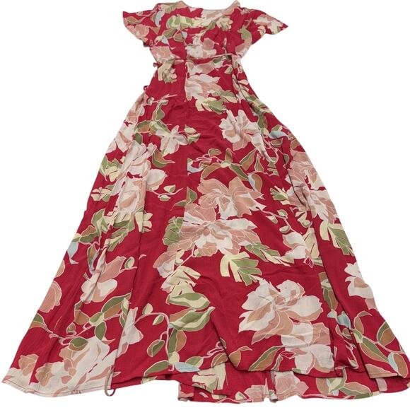 Lulus Dress Womens Small Red Heart of Marigold Red Tropical Print Wrap Maxi - Picture 6 of 13